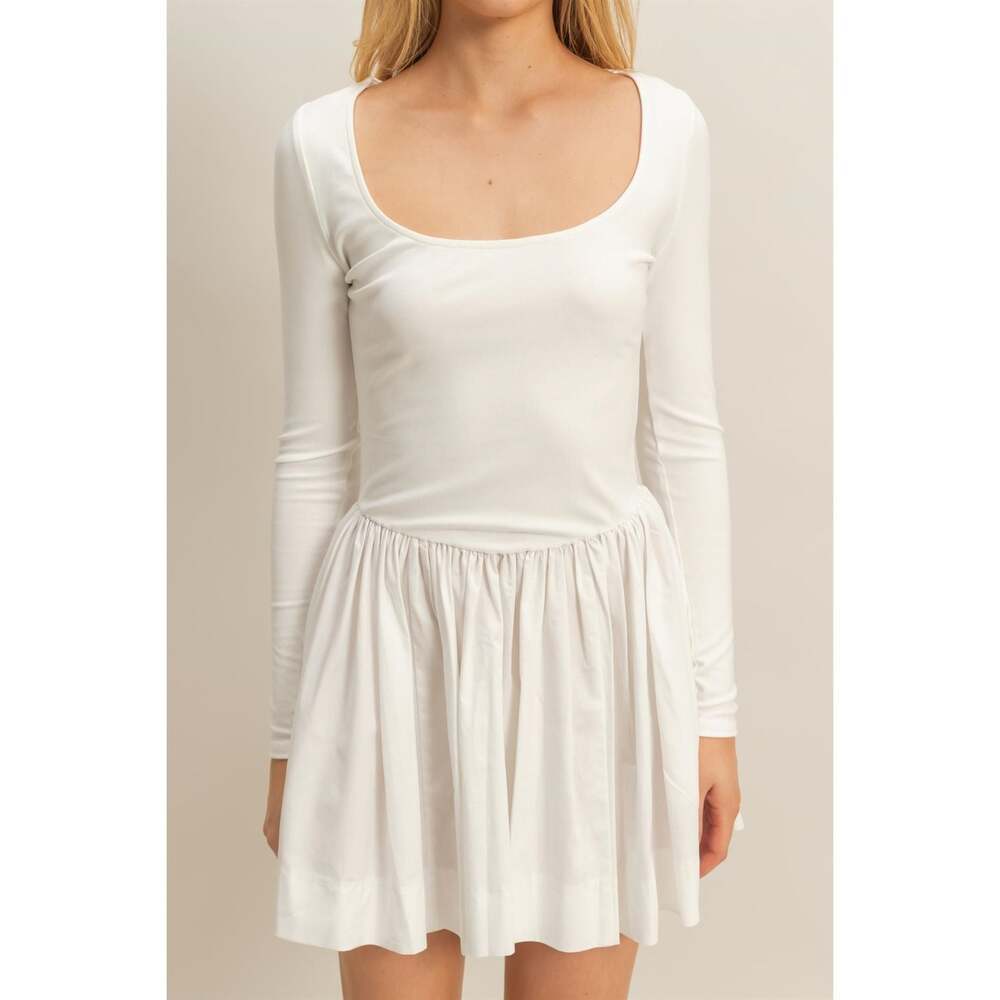 White Y2K Long Sleeve Coquette Full Skirt Preppy Skater Mini Dress